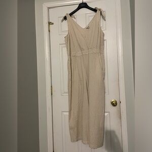 Seersucker tan and white jumpsuit
